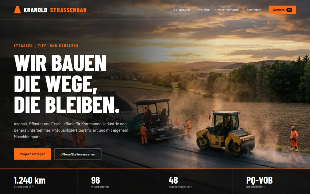 Beispiel-Website für ein Straßenbauunternehmen: dunkles Design, Asphaltbaustelle, Kennzahlen und Karriere-Knopf mit offenen Stellen