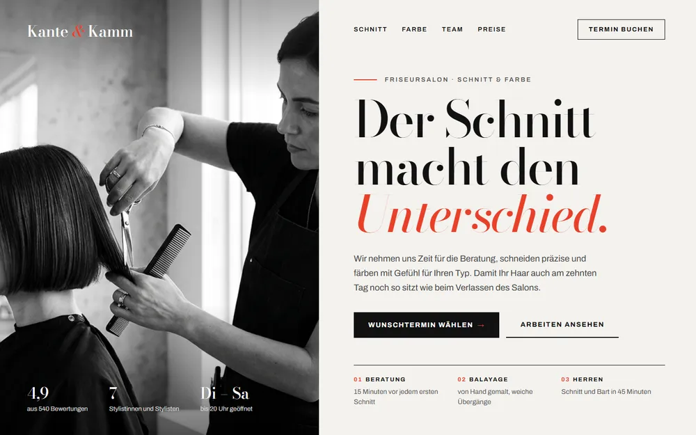 Beispiel-Website für einen Friseursalon: Schwarz-Weiß-Foto einer Friseurin beim Bob-Schnitt, daneben eine große Schlagzeile mit roter Akzentfarbe
