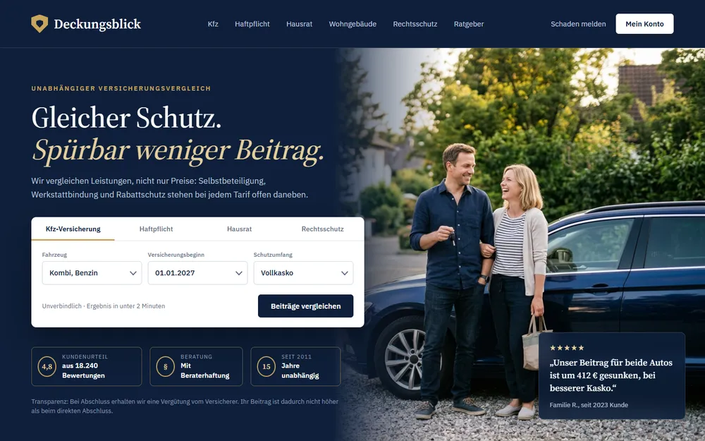 Beispiel-Website für ein Versicherungsvergleichsportal: dunkelblaue Startseite mit Goldakzenten, Vergleichsmaske für die Kfz-Versicherung und einem Paar mit Autoschlüssel vor dem Familienauto