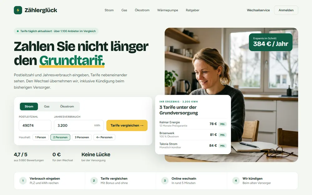 Beispiel-Website für ein Strom- und Gasvergleichsportal: helle Startseite in Grün und Gelb mit Eingabemaske für Postleitzahl und Jahresverbrauch und einer Ergebniskarte mit günstigeren Tarifen