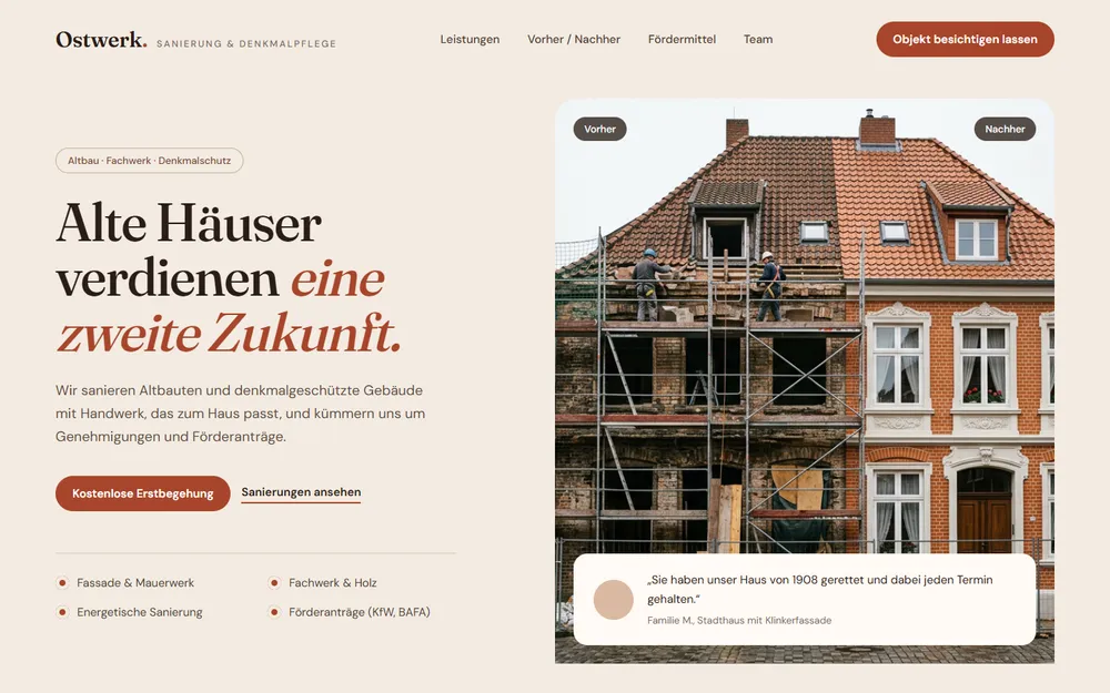 Beispiel-Website für einen Sanierungsbetrieb: Vorher-Nachher-Foto einer Klinkerfassade und Kundenstimme