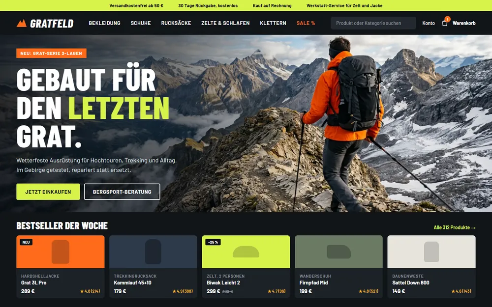 Beispiel-Website für Outdoor- und Sportausrüstung: Wanderer in orangefarbener Jacke auf einem Alpengrat und Bestseller-Kacheln mit Preisen und Bewertungen