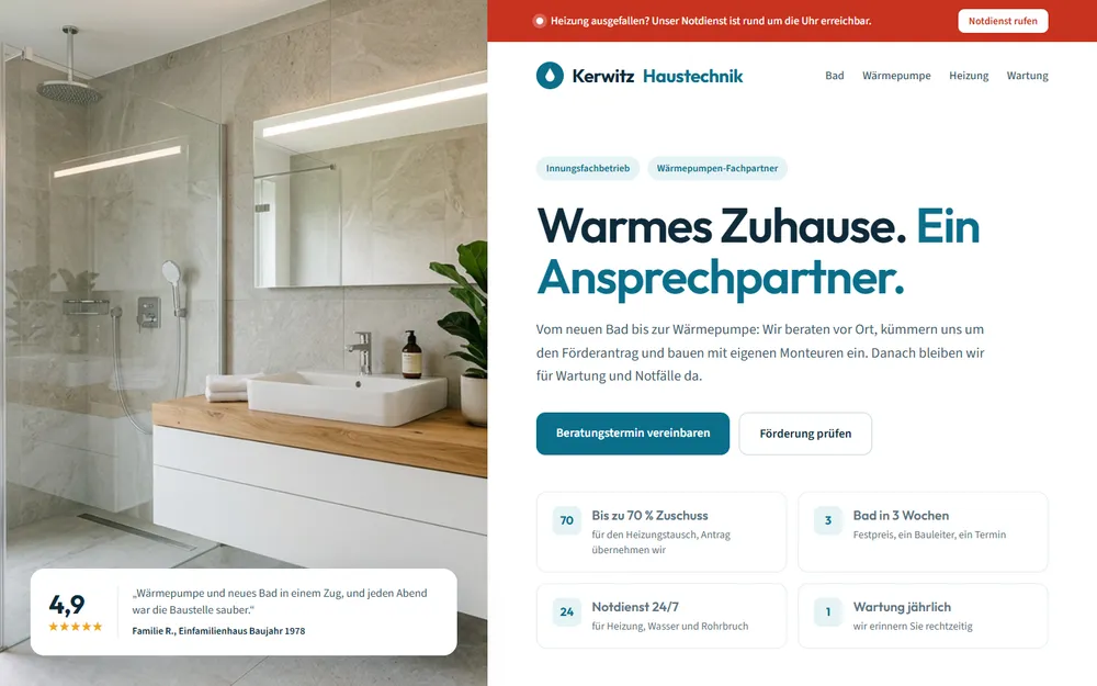 Beispiel-Website für einen Sanitär- und Heizungsbetrieb: Startseite mit rotem Notdienst-Balken, Hinweisen zu Förderung und Wartung und einem modernen Bad