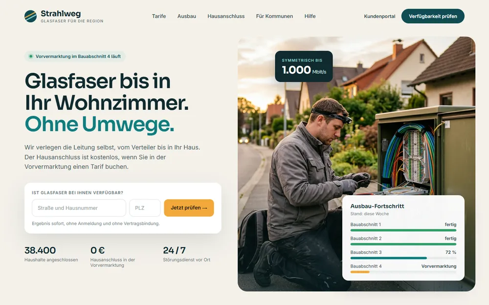 Beispiel-Website für einen regionalen Glasfaser-Anbieter: ein Techniker am offenen Verteilerkasten, daneben eine Adressprüfung und der Ausbau-Fortschritt je Bauabschnitt