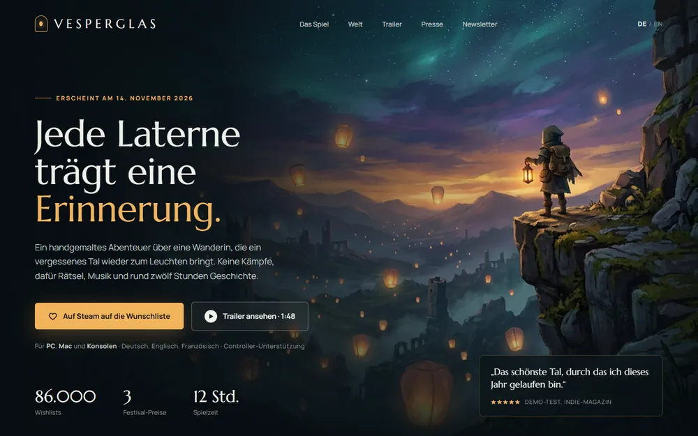 Beispiel-Website für ein Indie-Spiel zum Release: eine Wanderin mit Laterne auf einer Klippe über einem Tal voller schwebender Laternen, daneben Wunschlisten- und Trailer-Knopf