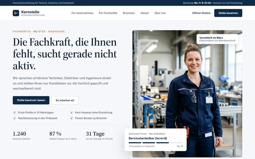 Beispiel-Website für eine Personalvermittlung: seriöses Layout in Dunkelblau mit Vorteilsliste und Kennzahlen neben dem Porträt einer Elektronikerin
