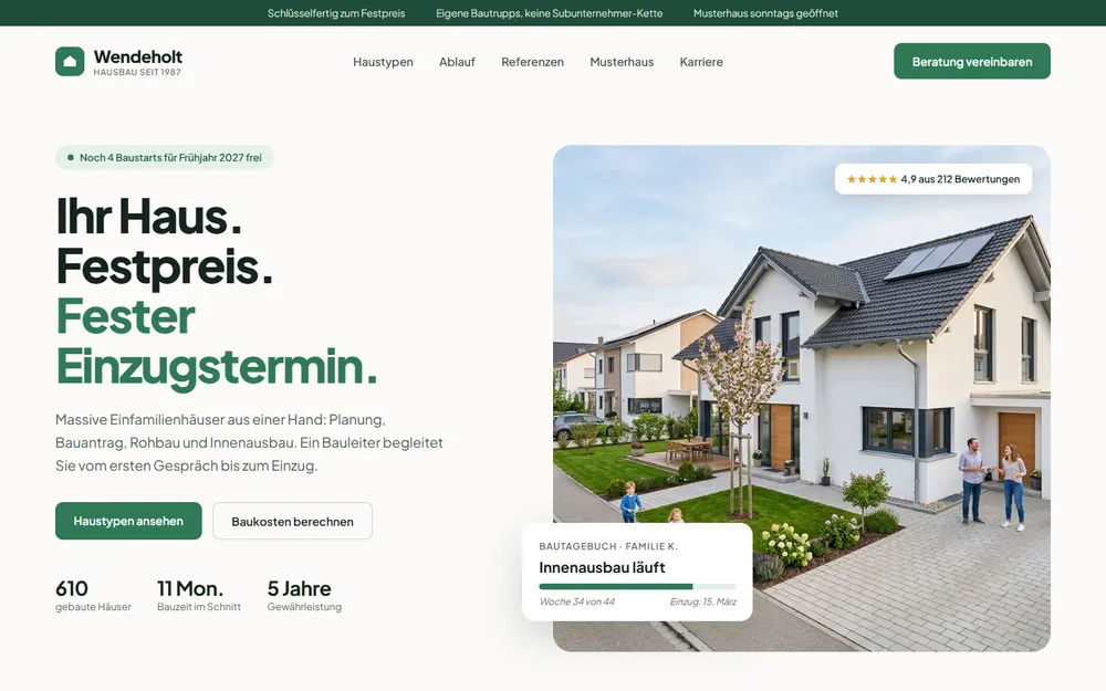 Beispiel-Website für einen Hausbauer: Festpreis-Versprechen, Bautagebuch und Bewertungen neben einem Einfamilienhaus