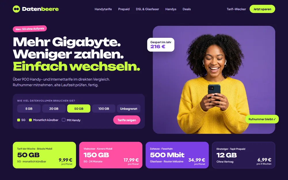 Beispiel-Website für ein Vergleichsportal für Handy- und Internettarife: dunkelviolette Startseite mit Auswahl des Datenvolumens, farbigen Tarifkarten und einer jungen Frau mit Smartphone